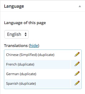 WPML Language Panel -Language pages have already been created.